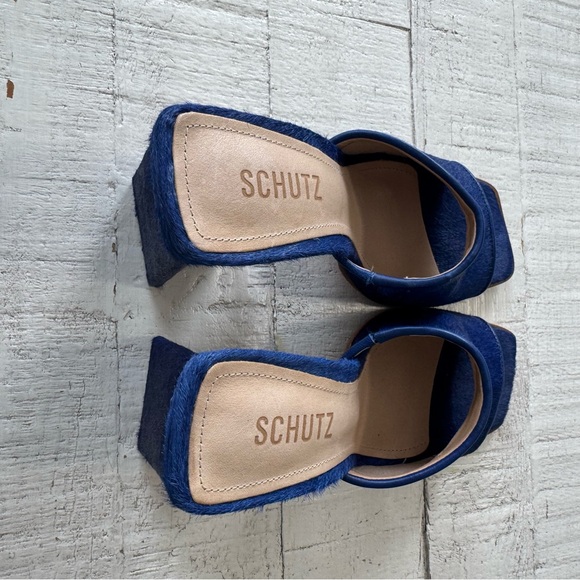 SCHUTZ Lizah Welt Wild NWOT size 7.5 Blue Calf Hair Leather Sandal Triangle Heel - Picture 5 of 12
